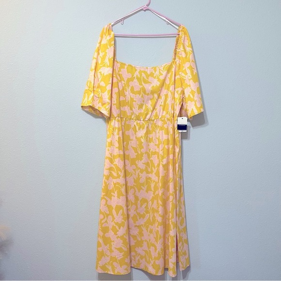 Eloquii Elements Yellow & Pink Floral Puff Sleeve Square Neck Midi Dress NWT 26 - Picture 4 of 8